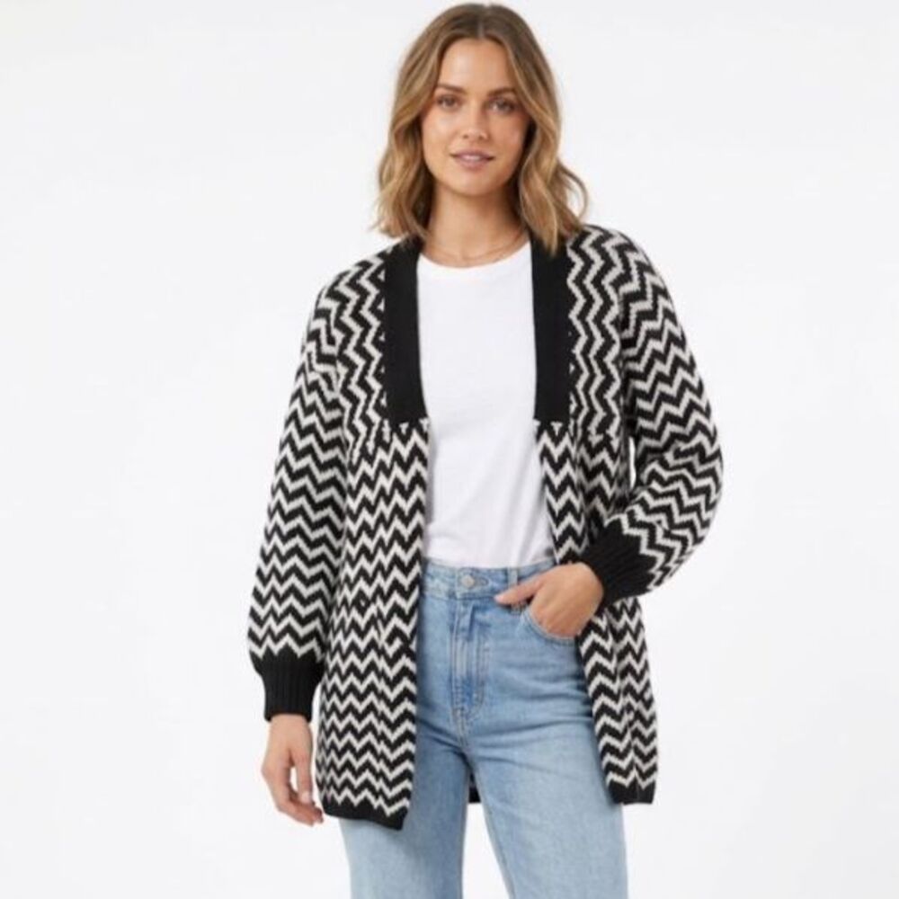 525 America Ivory Black Chevron Open Front 3/4 Sleeve Cardigan Sweater Size L